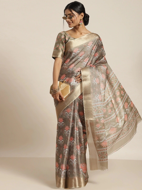 

all about you Olive Green & Pink Floral Zari Silk Blend Saree