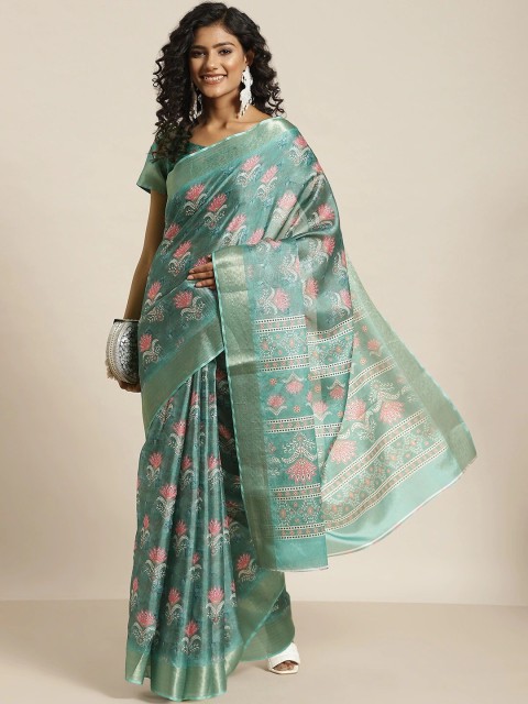 

all about you Sea Green & Pink Floral Zari Silk Blend Saree