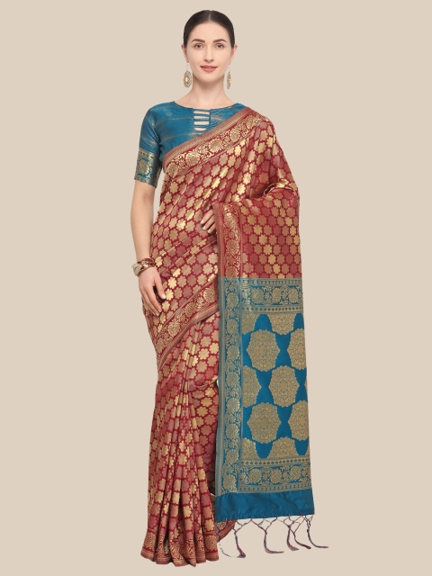 

Saree Swarg Maroon & Blue Ethnic Motifs Zari Silk Blend Banarasi Saree