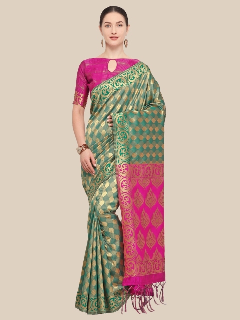 

Saree Swarg Women Green & Pink Woven Design Zari Silk Blend Banarasi Sarees