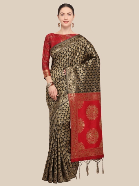 

Saree Swarg Black & Red Ethnic Motifs Zari Silk Blend Banarasi Sarees