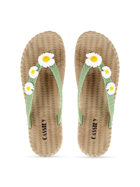 

CASSIEY Women Green & White Embellished Rubber Thong Flip-Flops