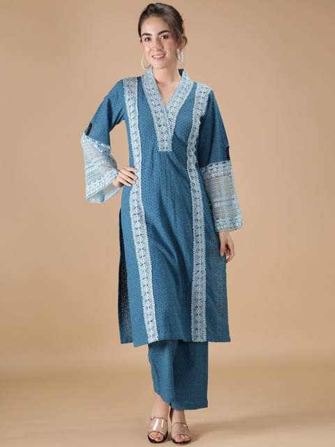 

HANDME Women Blue Yoke Design Lace Embroidered Pure Cotton Kurta with Trousers