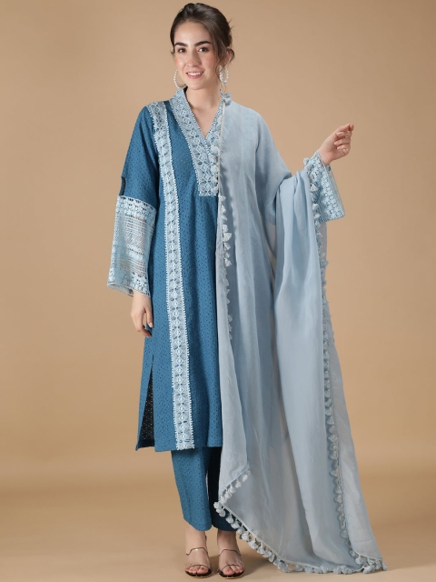 

HANDME Women Blue Embroidered Pure Cotton Kurta with Trousers