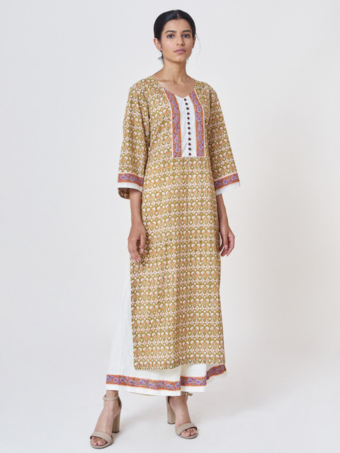 

SHRINKHLA Women Mustard Yellow & White Ethnic Motifs Printed Kurta