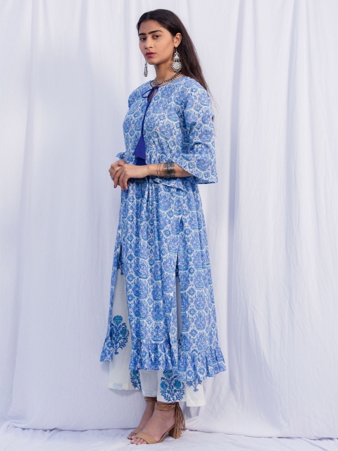 

SHRINKHLA Women Blue & White Ethnic Motifs Printed Block Print Pure Cotton Anarkali Kurta