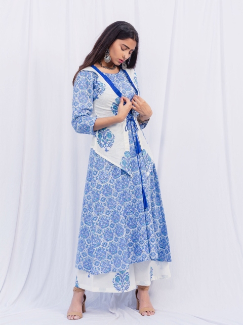 

SHRINKHLA Blue Floral Printed Block Print Cotton Anarkali Kurta With Waistcoat