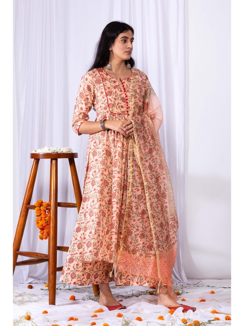 

SHRINKHLA Women Orange Floral Printed Block Print Anarkali Kurta
