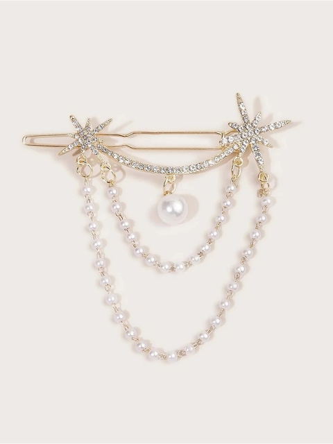 

EL REGALO Women White & Gold-Toned Embellished Tic Tac Hair Clip