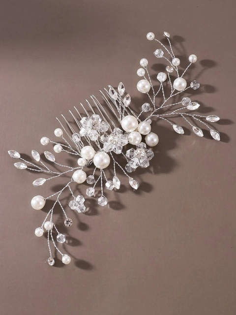

EL REGALO Women Silver-Toned & White Embellished Comb Pin
