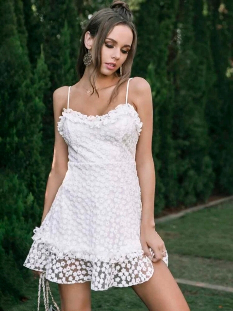 

MERCHE Women White Self Designed Mini Dress