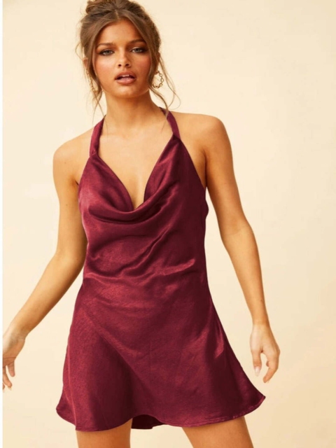 

MERCHE Women Maroon Solid Halter Neck A-Line Mini Dress