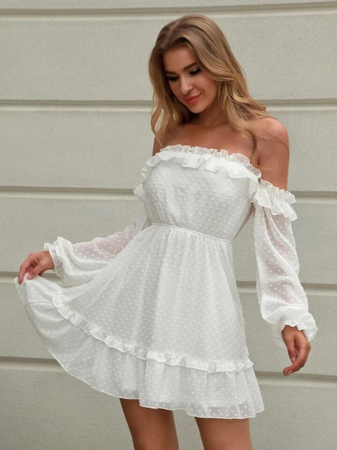 

MERCHE Women White Off-Shoulder Self Designed Mini Dress