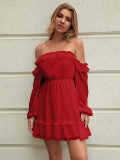 

MERCHE Red Off-Shoulder A-Line Dress