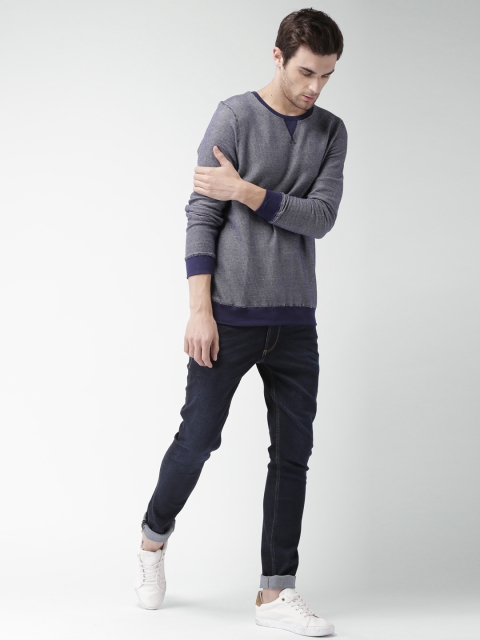 

Mast & Harbour Men Navy Blue & White Self Design Sweatshirt