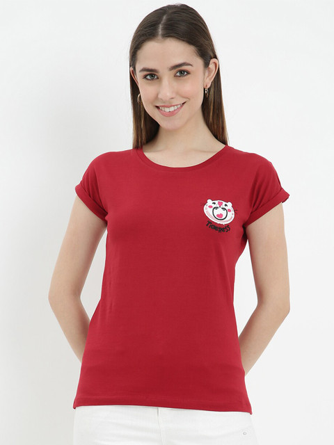 

V2 Value & Variety Women Maroon Solid Pure Cotton Regular T-Shirt