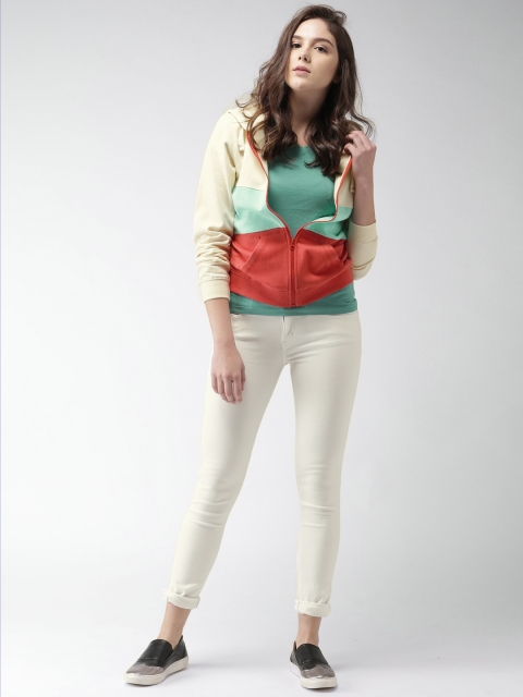 

Mast & Harbour Women Cream-Coloured & Sea Green Colourblocked Hooded Sweatshirt