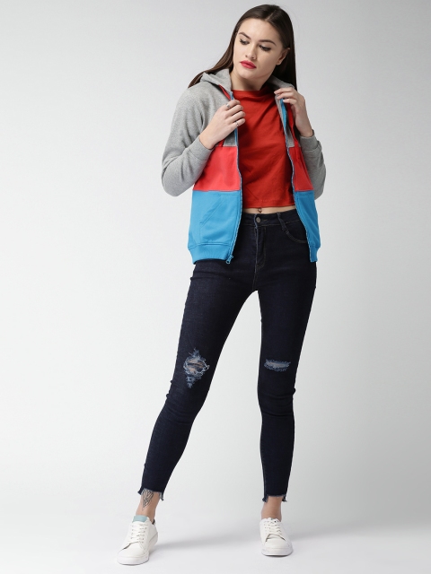 

Mast & Harbour Women Grey & Pink Colourblocked Hooded Sweatshirt