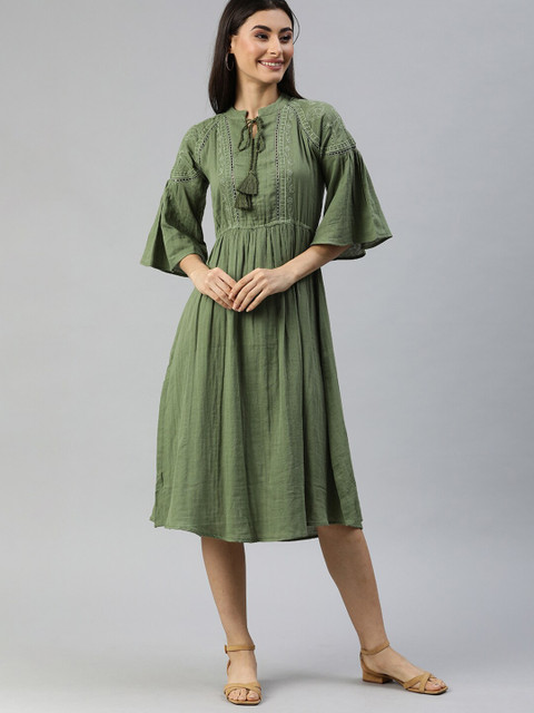 

Ishin Olive Green Tie-Up Neck Embroidered Midi Dress