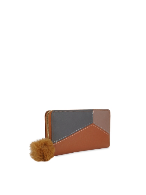 

Kanvas Katha Women Tan & Grey Melange Colourblocked Embroidered PU Zip Around Wallet