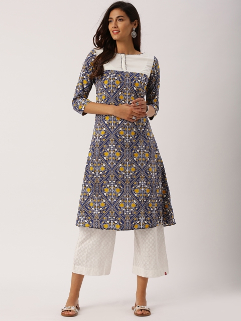 

all about you Women Navy Printed A-Line Kurta, Navy blue