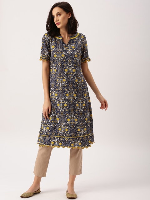 

all about you Women Navy Blue Yellow Printed A-Line Kurta