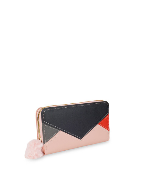 

Kanvas Katha Women Pink & Black Colourblocked Embroidered PU Zip Around Wallet