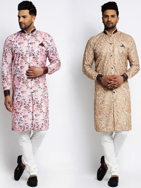 

Benstoke Men Multicoloured Floral Angrakha Kurti with Churidar & With Dupatta, Multi