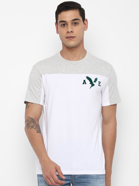 

AMERICAN EAGLE OUTFITTERS Men White & Grey Colourblocked Cotton T-shirt