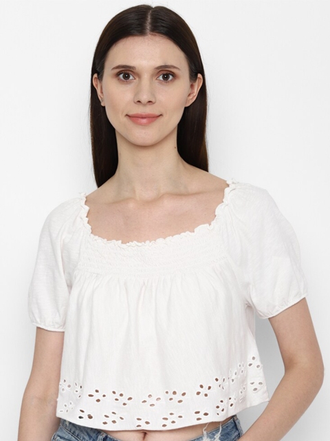 

AMERICAN EAGLE OUTFITTERS Women White Extended Sleeves Raw Edge T-shirt