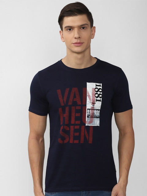 

V Dot Men Navy Blue Typography Printed Raw Edge Slim Fit T-shirt