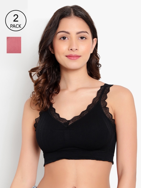

PARKHA Women Pack Of 2 Black & Pink Ribbed Padded Bralette With Cutwork Lace Bra
