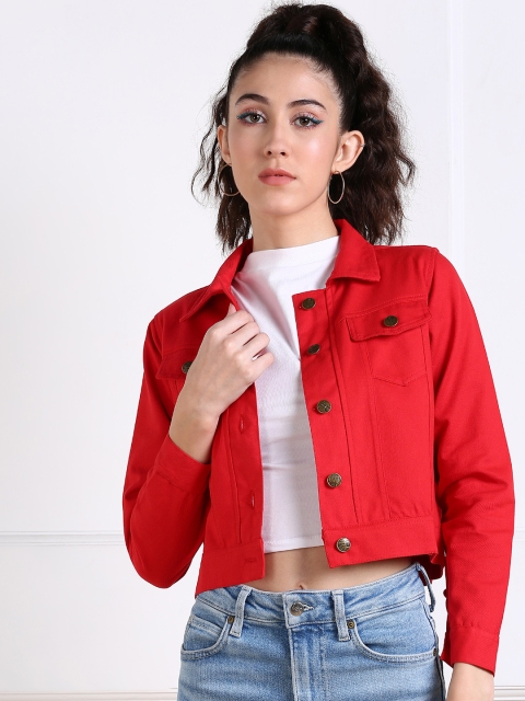 

MONTREZ Women Red Crop Denim Jacket