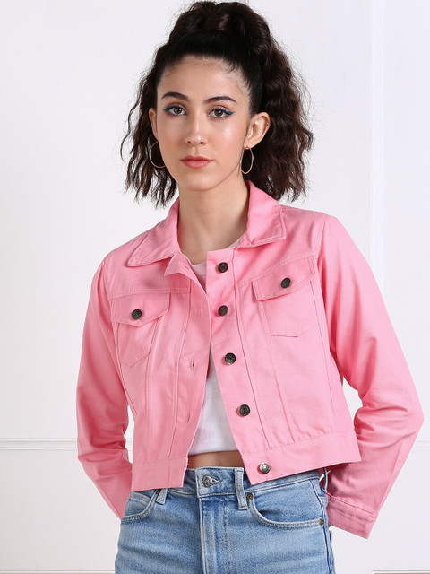 

MONTREZ Women Pink Crop Denim Jacket