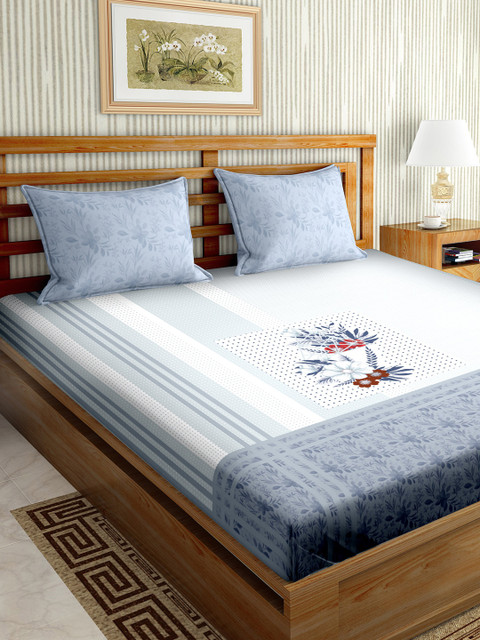 

BELLA CASA Blue & White 210 TC King Bedsheet with 2 Pillow Covers