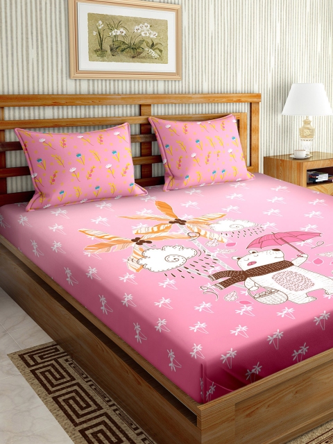 

BELLA CASA Pink & White Graphic 210 TC King Bedsheet with 2 Pillow Covers
