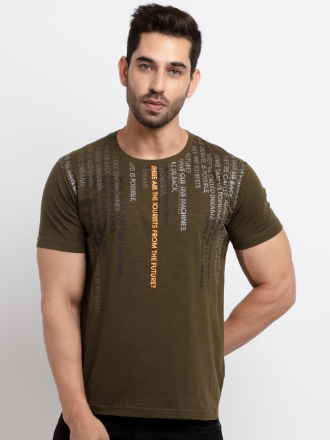 

Status Quo Men Olive Green Sports Printed Henley Neck T-shirt