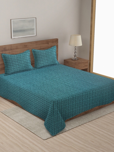 

KLOTTHE Blue Solid Cotton Double Bed Cover with 2 Pillow Covers