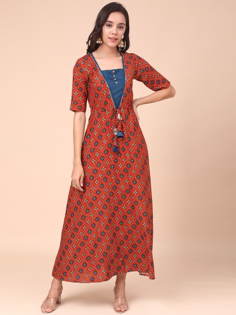 

J Turritopsis Rust & fire brick Ethnic Motifs Maxi Dress