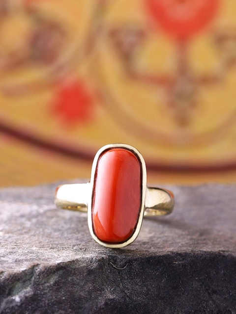 

Dare by Voylla Men Gold-Plated Red Coral Studded Ring