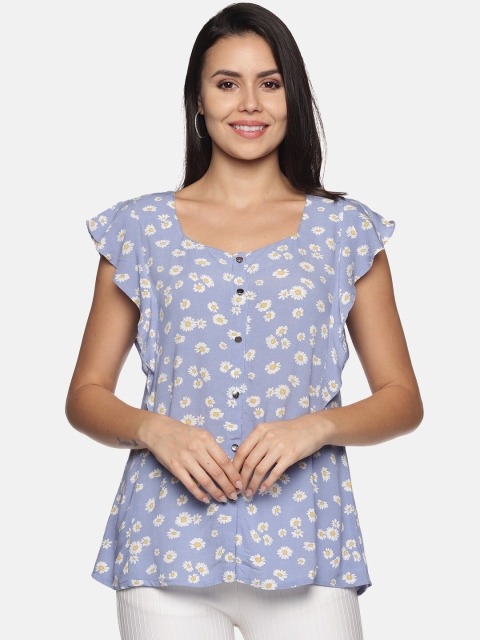 

GLORY & I Blue & Yellow Floral Print Ruffles Top