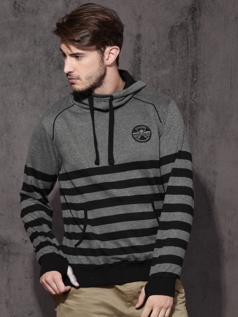 

Roadster Men Grey Melange & Black Striped Hooded Sweatshirt