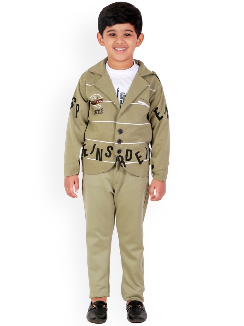 

FOURFOLDS Boys Olive Green & White Pack Of 3 Printed Coat with Trousers & With T-shirt