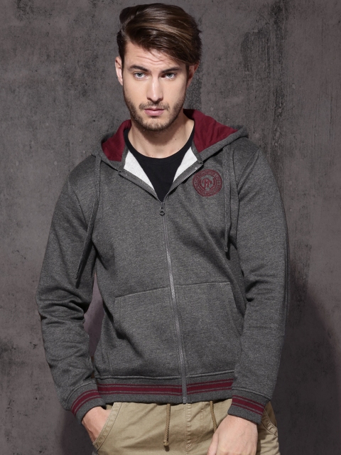 

Roadster Men Grey Melange Solid Hooded Sweatshirt