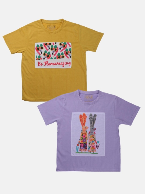 

GOJI Girls Assorted & honey Typography Printed Applique T-shirt