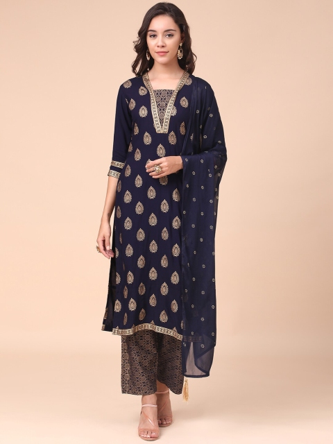 

MOKOSH Women Navy Blue Ethnic Motifs Empire Kurti with Trousers & With Dupatta