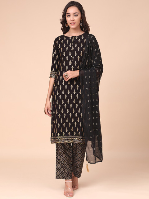 

MOKOSH Women Black Ethnic Motifs Printed Kurta with Trousers & With Dupatta