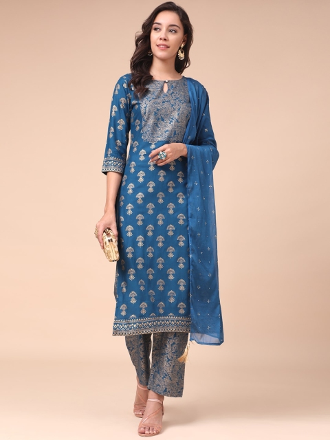 

MOKOSH Women Teal Ethnic Motifs Printed Pleated Kurti with Trousers & With Dupatta