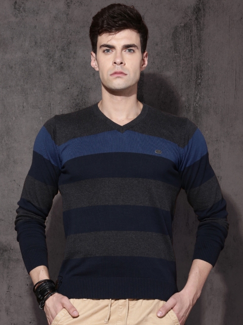

Roadster Men Charcoal Grey & Navy Blue Striped Pullover