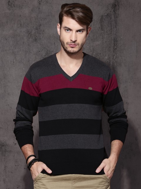 

Roadster Men Charcoal Grey & Black Striped Pullover